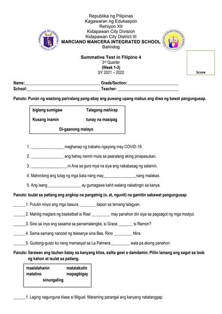 Summative Test in Filipino 6 With TOS.